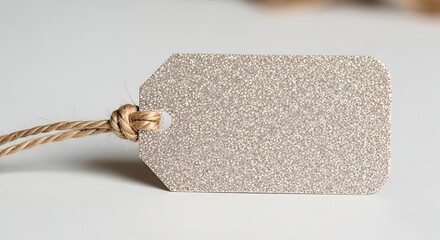 A close up of a glittery tag with a knotted string on a white surface