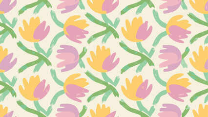 Repeated floral pattern with yellow and pink flowers and green stems on a light beige background design style