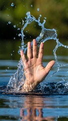 Fototapeta premium Human hand emerging from the water creating a beautiful splash with droplets and ripples under the sunlight highlighting texture