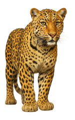 Obraz premium Realistic illustration of a leopard with detailed fur pattern and attentive expression on transparent background.