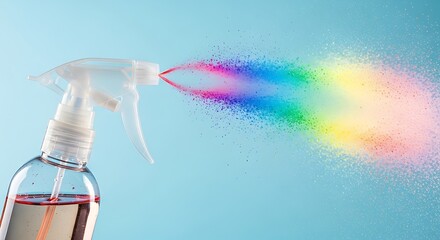 Spray bottle emitting a rainbow colored spray against a blue background