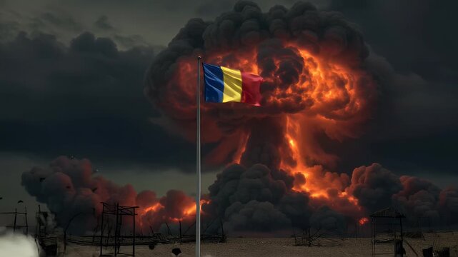Animation zooms out from the Romanian flag against a nuclear explosion to reveal a desolate, war-torn landscape. Suitable for projects about war, apocalypse, or international crisis.