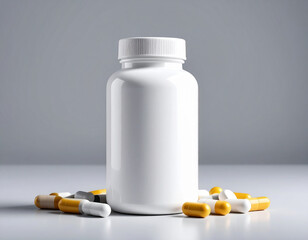 White Supplement Bottle with Assorted Pills and Capsules