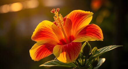 Fototapeta premium Vibrant Sunset Hibiscus: Close-up Floral Beauty