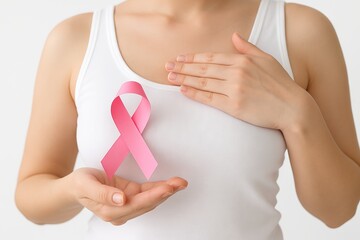 Breast cancer awareness concept with pink ribbon held by woman symbolizing hope and support for health campaign and prevention. highlighting importance of regular check-ups.
