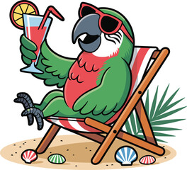 Cartoon parrot relaxing, beach chair, red sunglasses, cocktail drink, seashells, tropical plant, humorous summer vacation scene