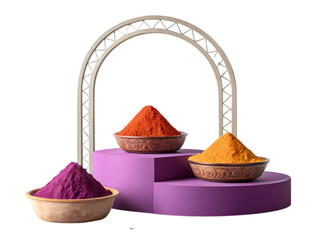 Vibrant Holi Festival Colors in Bowls with Archway Display