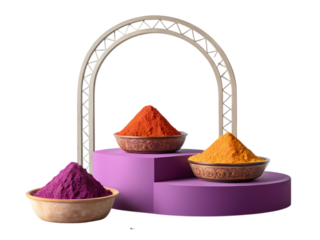 Vibrant Holi Festival Colors in Bowls with Archway Display