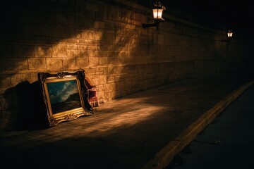 Golden framed painting on ground, lit by street lamps, dark alley