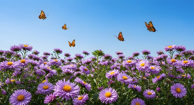 Flower field with colorful butterflies