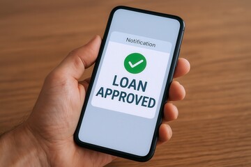 Hand holding smartphone with loan approved notification on screen