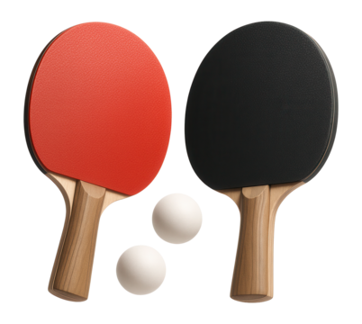 Two table tennis paddles, one with a red rubber surface and the other with a black rubber surface, accompanied by two white ping pong balls on transparent background.