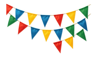 Colorful triangular pennant banners in red, blue, yellow, and green arranged diagonally on transparent background.