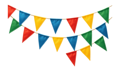 Colorful triangular pennant banners in red, blue, yellow, and green arranged diagonally on transparent background.