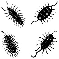 Illustration of four black and white insect-like creatures with multiple legs and antennae design