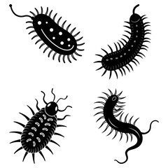 Obraz premium Illustration of four distinct black organisms with spiky protrusions on a white background in vector format
