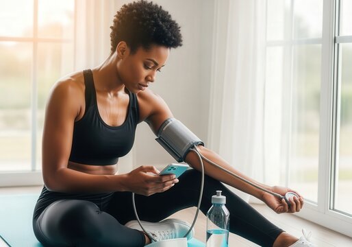 Athletic woman checking blood pressure while using smartphone