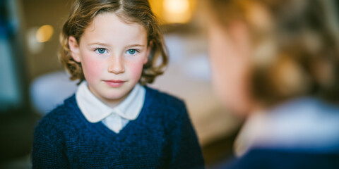 Fototapeta premium A young girl with curly hair, wearing a dark blue sweater and white collar, gazes thoughtfully into a mirror, her blue eyes reflecting curiosity and innocence.