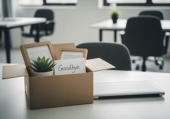 Office desk with goodbye note and personal items in cardboard box