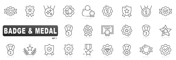 Minimal outline vector badge and medal set featuring award seals, rosette ribbons, certification icons for achievement, honor, first, verified excellence