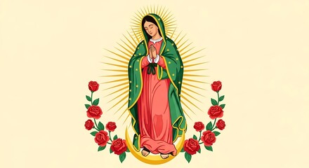 An illustration of the virgin of guadalupe surrounded by roses and a radiant halo