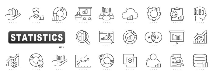 Editable line vector statistics icon set for data analytics, charts, graphs, dashboards, reports, trends, KPI performance visualization in business presentations