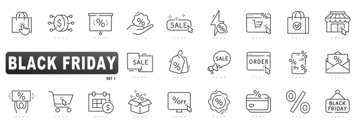 Modern editable stroke Black Friday icon set featuring shopping, sale, discount, ecommerce, cart, checkout, flash sale, minimal outline vector designs