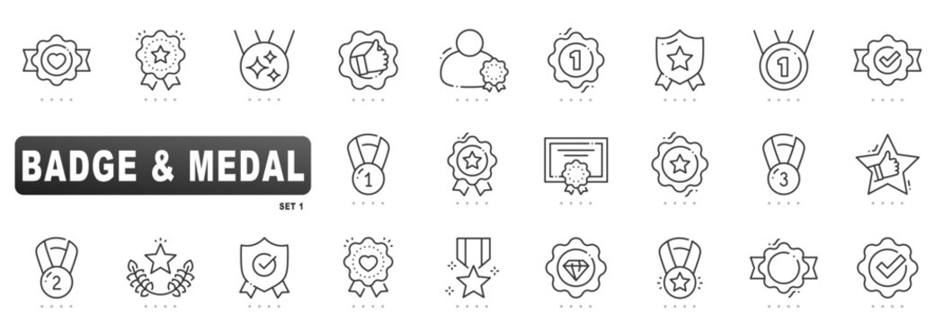 Minimal outline vector badge and medal set featuring award seals, rosette ribbons, certification icons for achievement, honor, first, verified excellence