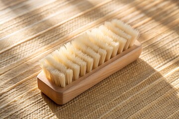 Natural bristle shoe brush on textured wooden surface with sunlight