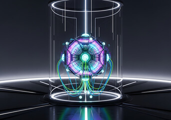 Photo of futuristic glowing energy core in a hightech containment chamber