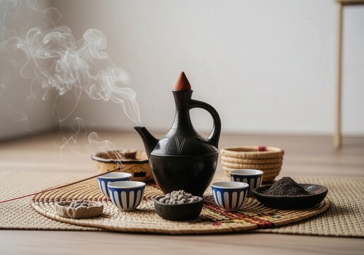 Traditional Ethiopian coffee ceremony setup with jebena and cups. Ethiopian New Year