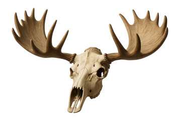 Moose skull with large antlers displayed in a frontal view on transparent background.
