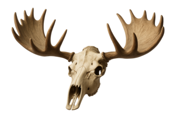 Moose skull with large antlers displayed in a frontal view on transparent background.