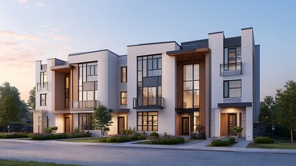 Obraz premium Modern Townhouses with Landscaping and Street View at Dusk