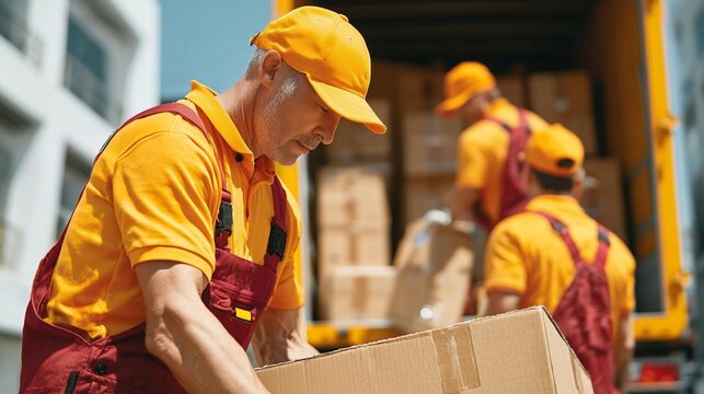 A delivery worker in a bright orange shirt and cap lifts a cardboard box from a truck. Two colleagues in the background unload more packages under a clear blue sky.
