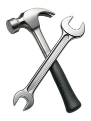 Crossed metallic hammer and wrench representing tools and mechanics on transparent background.