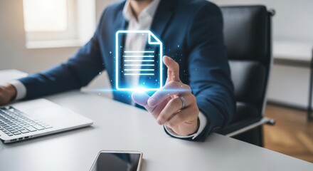 Businessman presenting a glowing document icon in an office setting
