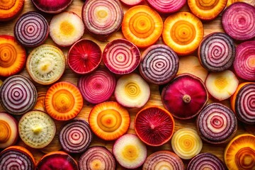 Vibrant assortment of colorful root vegetable slices arranged in a pattern
