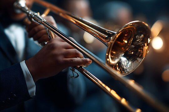 Close-up of trombone player skillfully handling slide under studio lighting.