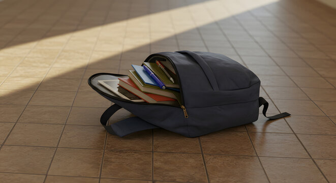 Backpack on Classroom Floor with School Supplies