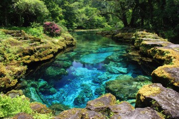 Naklejka premium Crystal-clear spring fed pool surrounded by lush vegetation and rocks