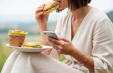 Woman in stylish outfit eats sandwich while using smartphone outdoors, face unseen, casual food and mobile lifestyle concept