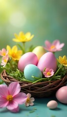 Pastel eggs nestled in spring flowers, soft focus , cute, sunrise