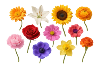 A collection of eleven colorful flower varieties including roses, sunflowers, lilies, and daisies on transparent background.