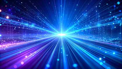 Bright rays of light burst from a glowing star in a blue abstract space design