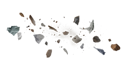 Debris flying in all directions with fragments of wood, paper, and other materials cutout isolated on transparent bg, png
