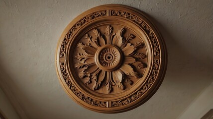 Close up of an ornate wooden ceiling medallion with floral and leaf carvings on a textured ceiling