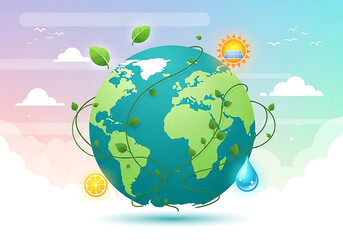 Naklejka premium Photo of planet earth with green leaves, sun, water drop and lemon illustration