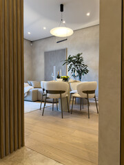 A stylish dining area with modern furniture and a minimalist design. A large pendant light hangs over a round table, creating an inviting atmosphere for a chic and cozy home setting