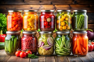 Assortment of freshly pickled vegetables in glass jars on a wooden surface